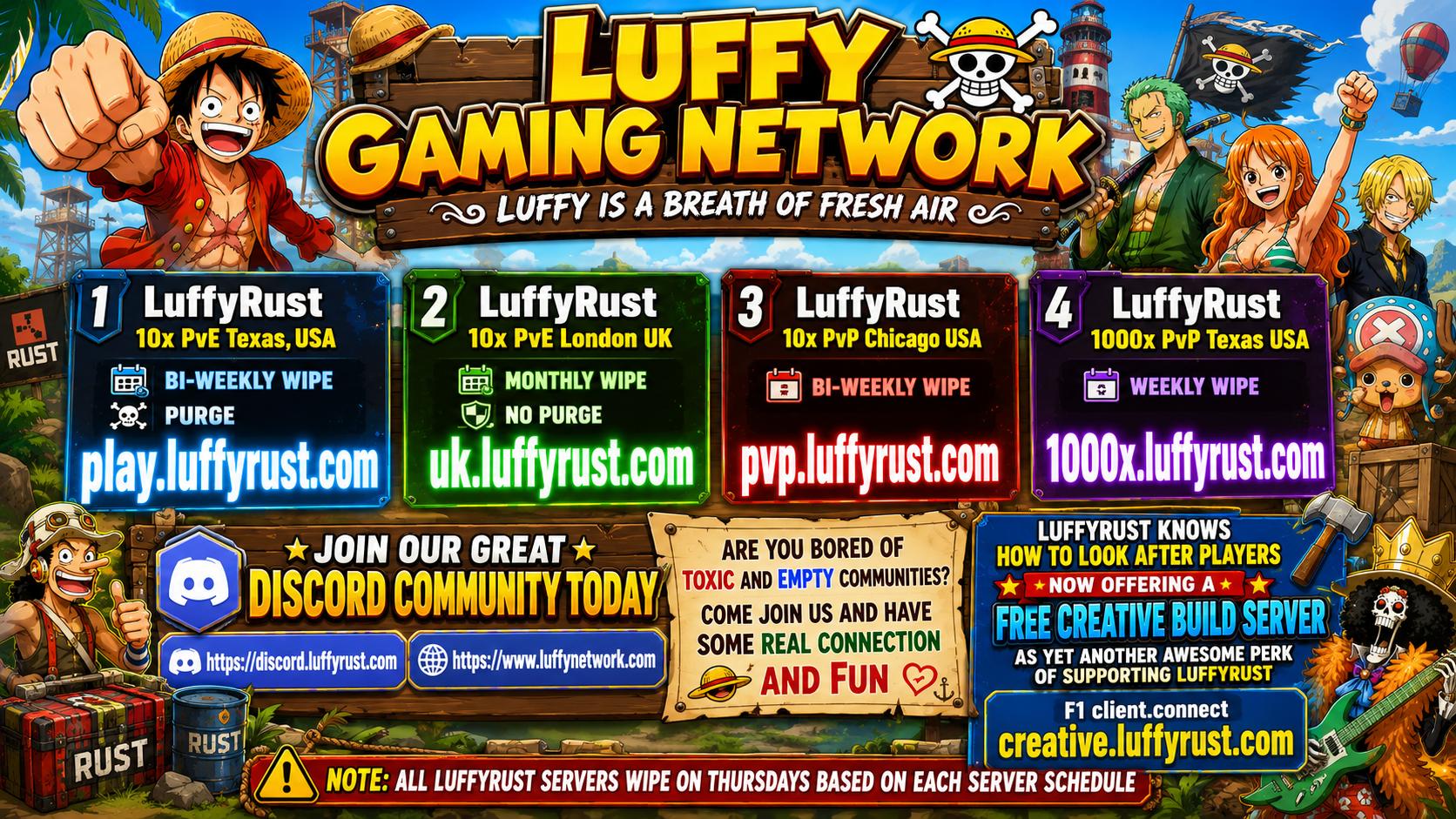 Discovery splash banner for Luffy Gaming Network - A community of like minded friendly gamers. Discord server