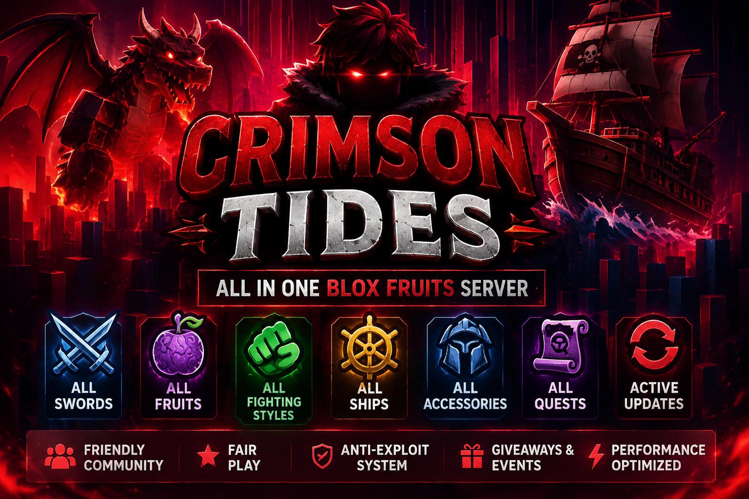 Discovery splash banner for Crimson Tides | Blox Fruits Hub Discord server
